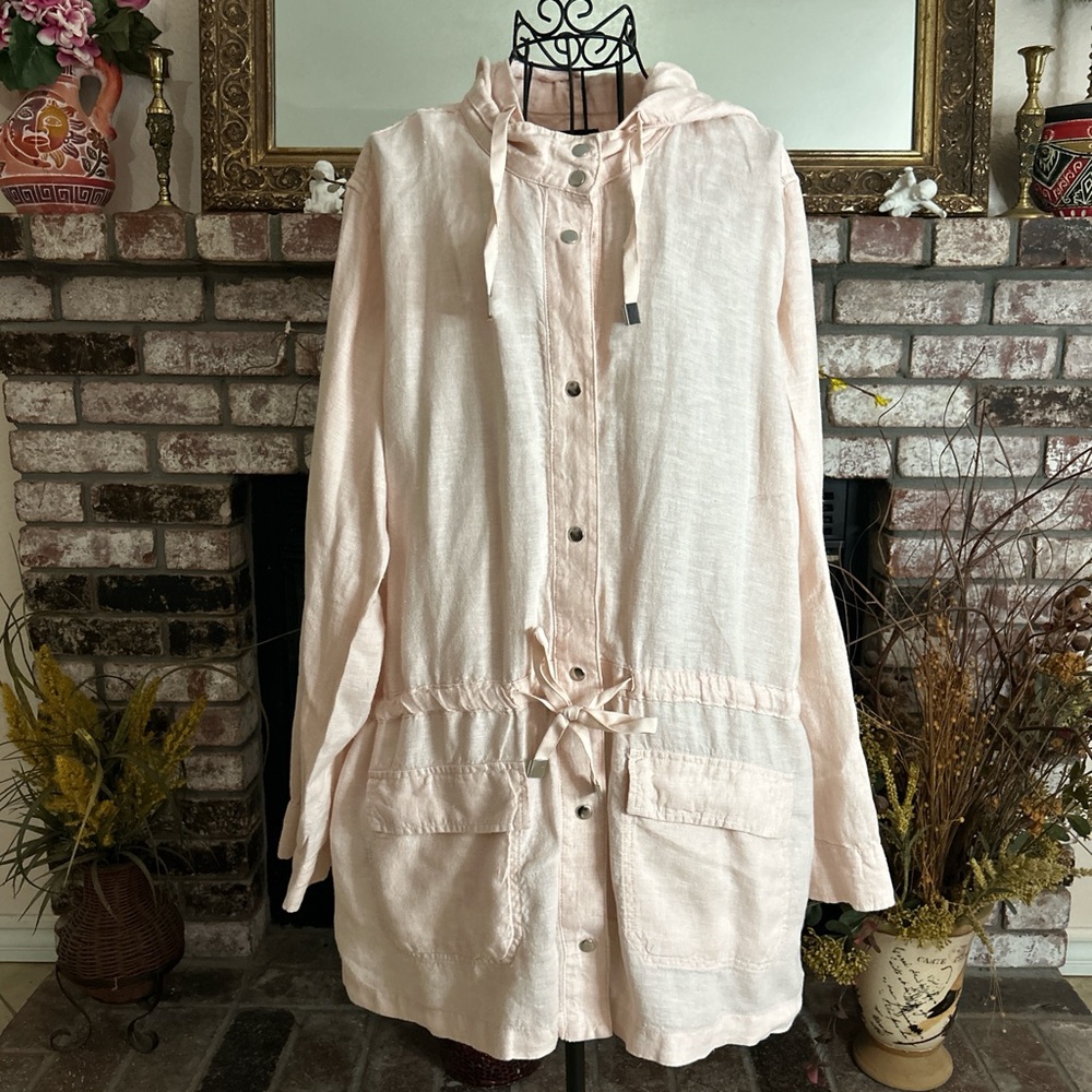 Rachel 100% Linen Baby Pink Hooded Utility Jacket Full Button Up Closure Sz XL